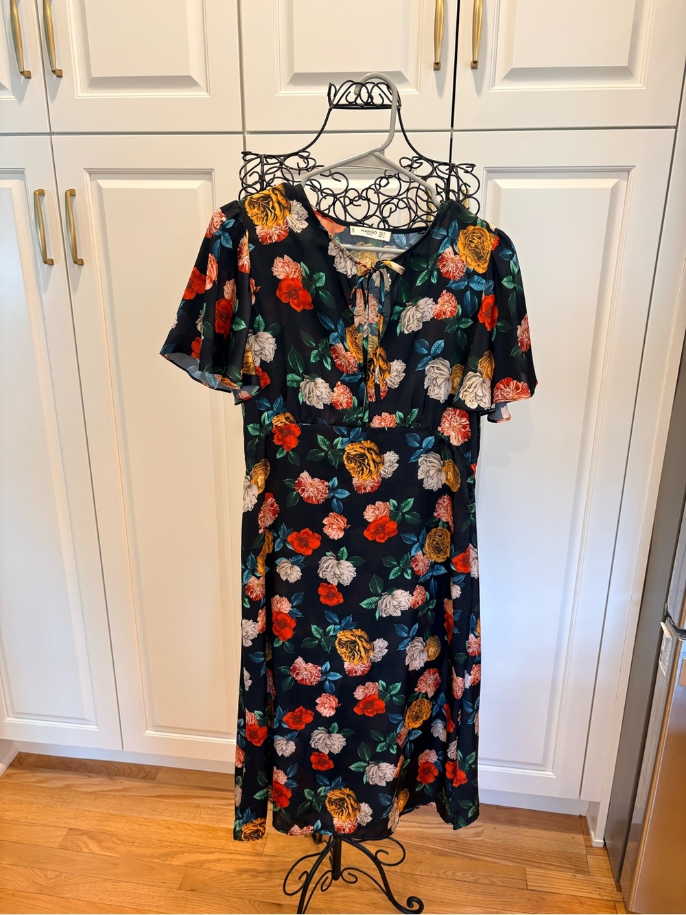 Mango Black Floral Tie-Neck Midi Dress